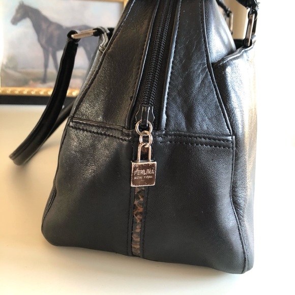 Perlina New York Satchel Arch soft black leather handbag silver hardware - Picture 5 of 14